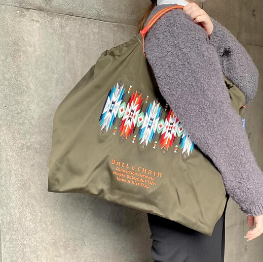 Ball & Chain|Neoprene collection diving fabric series|Japanese embroidery waterproof folding eco-friendly bag shopping bag handbag shoulder bag|W.Native Khaki