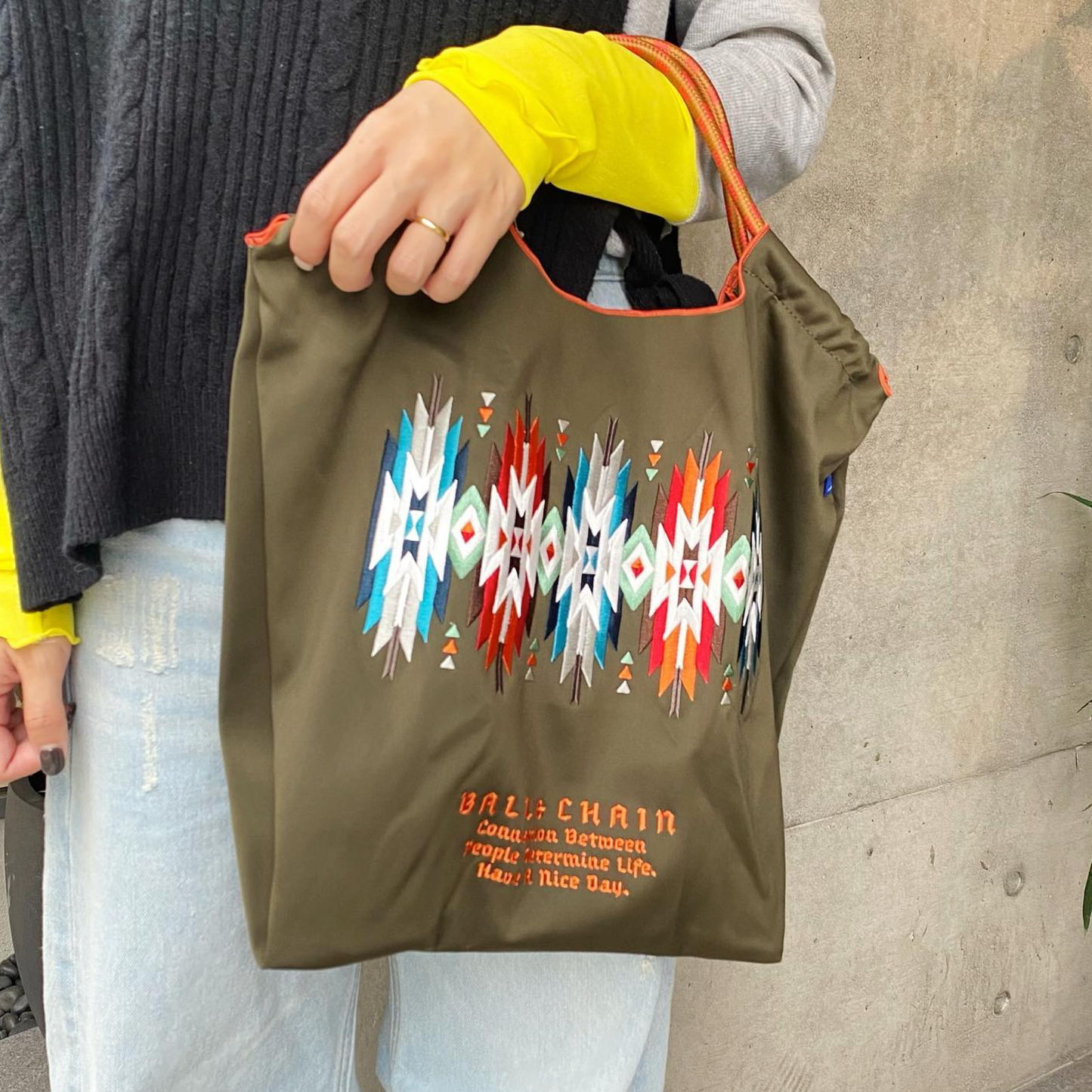 Ball & Chain|Neoprene collection diving fabric series|Japanese embroidery waterproof folding eco-friendly bag shopping bag handbag shoulder bag|W.Native Khaki