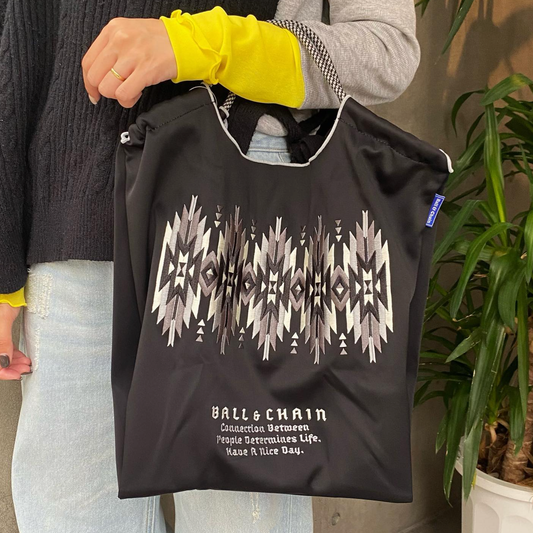 Ball & Chain|Neoprene collection diving fabric series|Japanese embroidery waterproof folding eco-friendly bag shopping bag handbag shoulder bag|W.Native Black