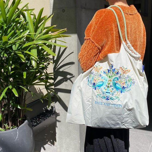 Ball & Chain|Original collection|A4 2way bag Japanese embroidery waterproof folding eco-friendly bag shopping bag handbag shoulder bag|Twitter P Gray