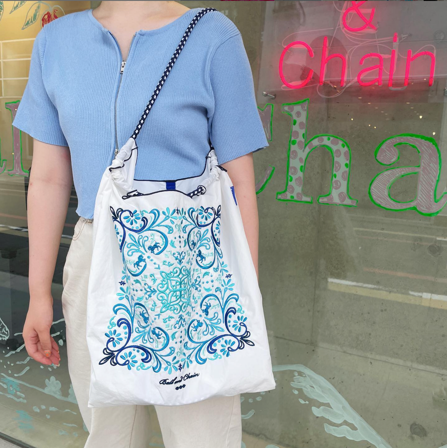 Ball & Chain|Original collection|A4 2way bag Japanese embroidery waterproof folding eco-friendly bag shopping bag handbag shoulder bag|Bandana White