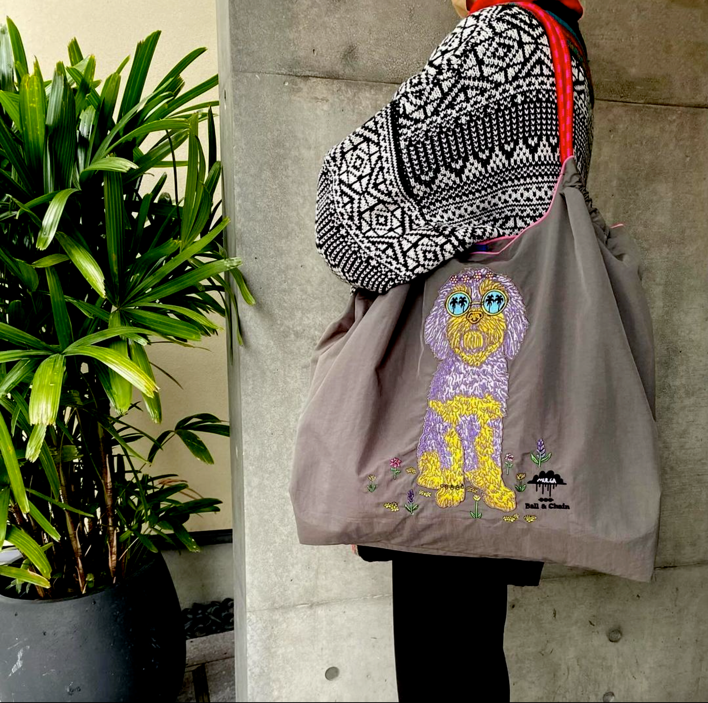 Ball & Chain|MULGA collection|Japanese embroidered waterproof folding eco-friendly bag shopping bag handbag shoulder bag|JUNO C.Gray