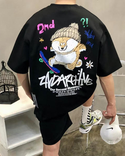 韓國 2nd Archive Unisex Skateboard Dog Short Sleeve Tee  Oversized T-shirt