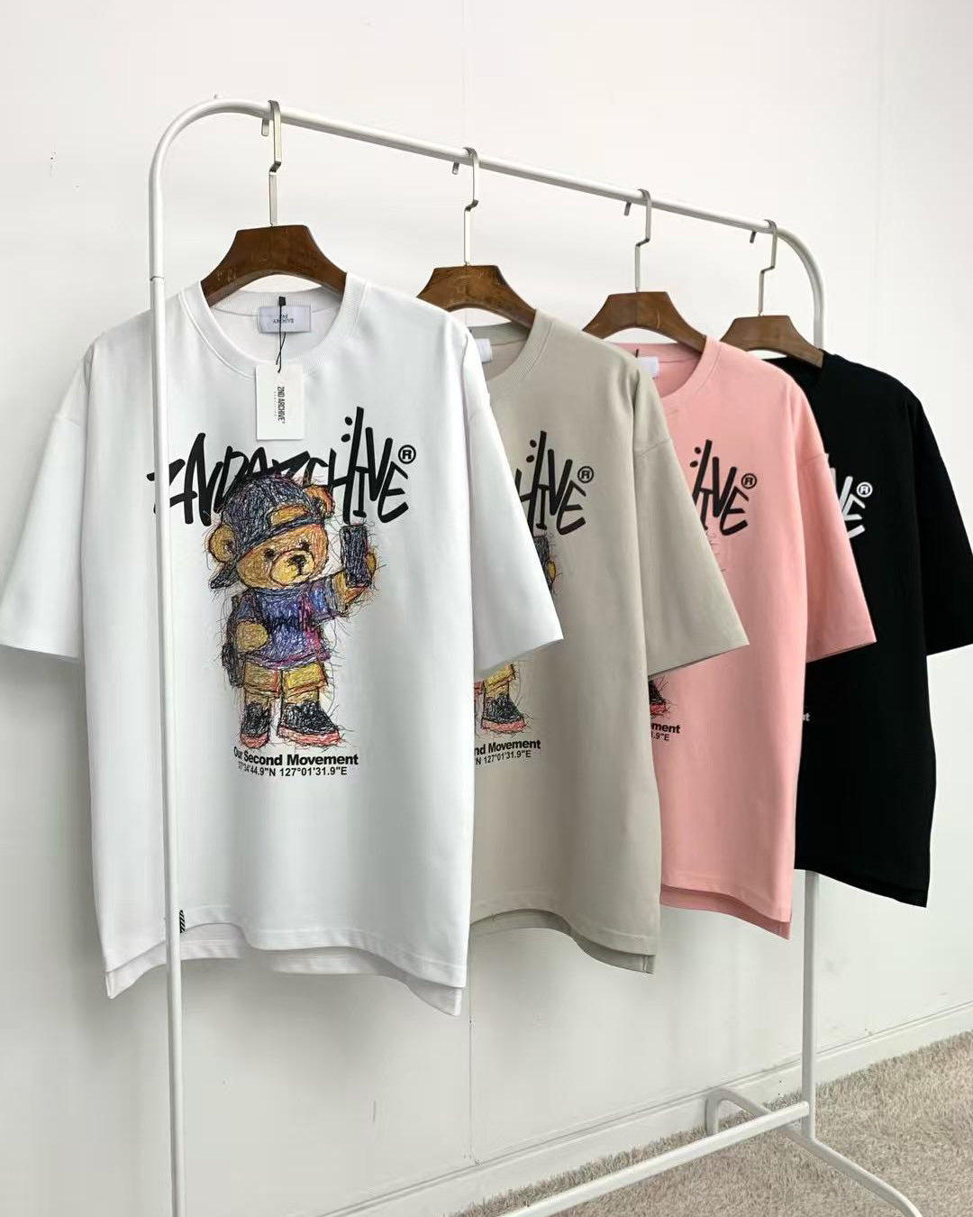 韓國 2nd Archive Unisex Selfie Drawing Bear Short Sleeve Tee Oversized T-shirt