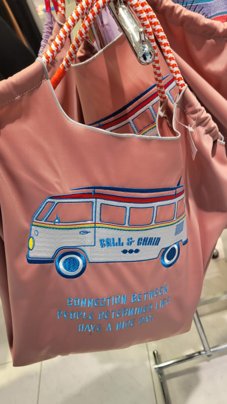 Ball & Chain|Neoprene collection diving fabric series|Japanese embroidered waterproof folding eco-friendly bag shopping bag handbag shoulder bag|W.Bus Pink pink bus