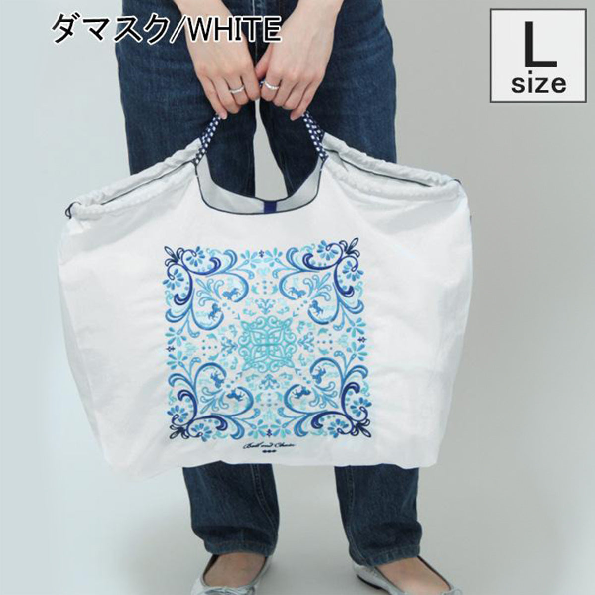 Ball & Chain|Original collection|A4 2way bag Japanese embroidery waterproof folding eco-friendly bag shopping bag handbag shoulder bag|Bandana White