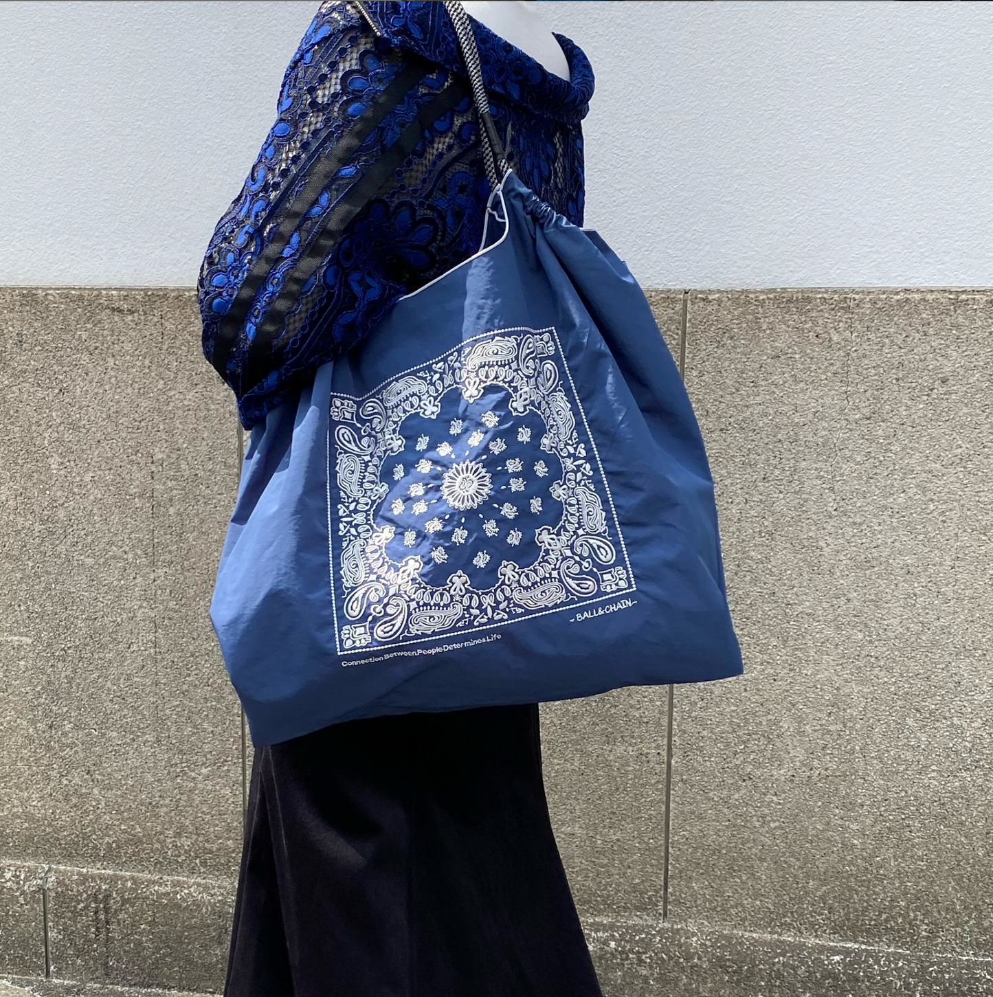 Ball & Chain|Original collection|A4 2way bag Japanese embroidery waterproof folding eco-friendly bag shopping bag handbag shoulder bag|Bandana Navy