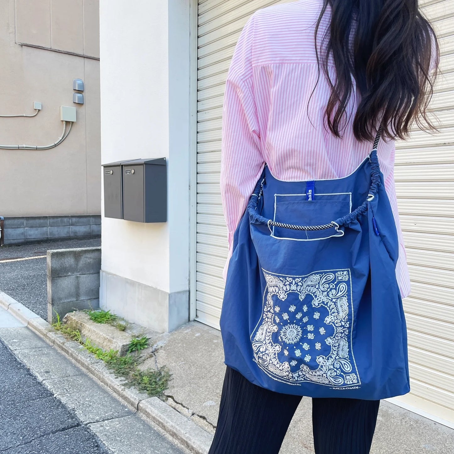 Ball & Chain|Original collection|A4 2way bag Japanese embroidery waterproof folding eco-friendly bag shopping bag handbag shoulder bag|Bandana Navy