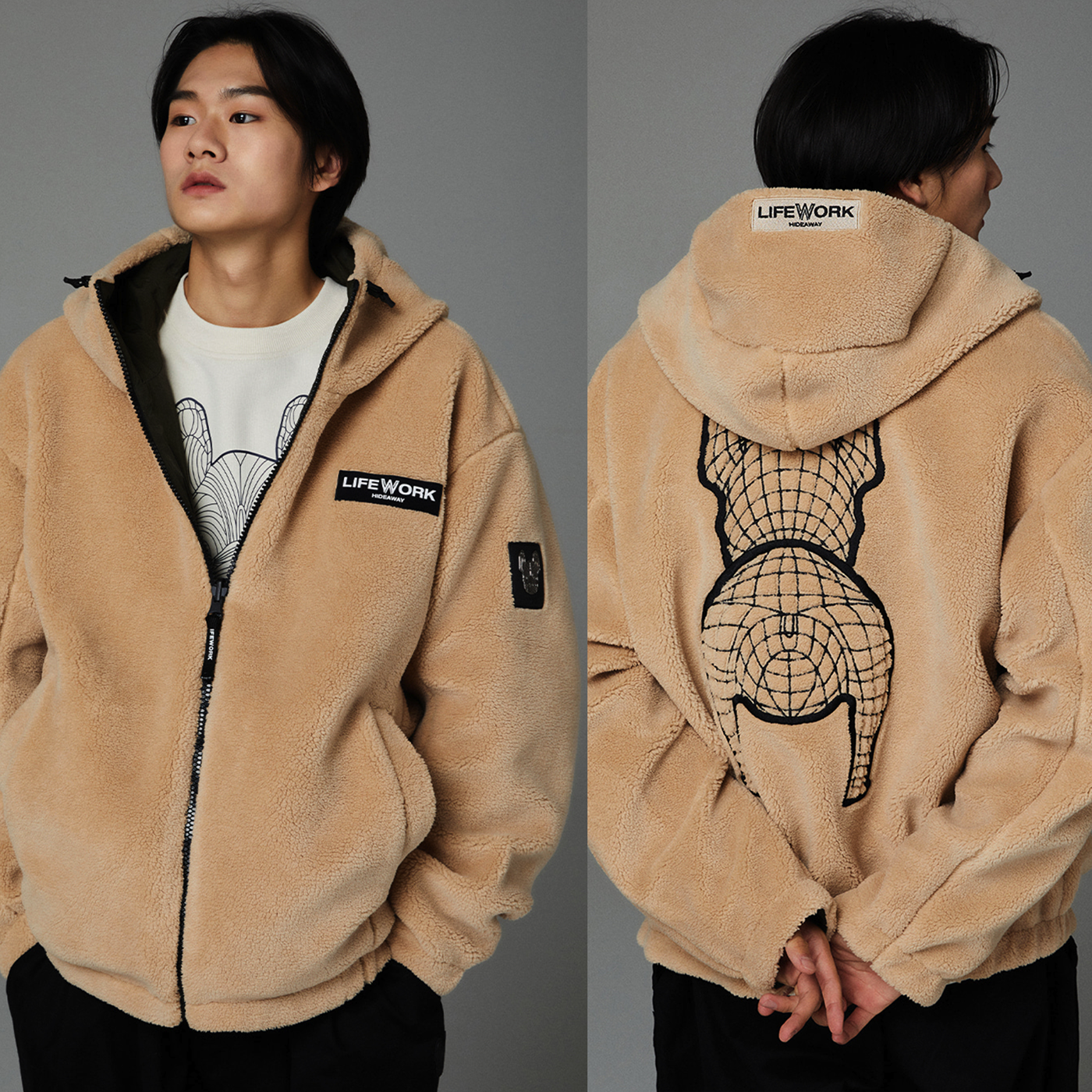 韓國 Lifework Unisex 法鬥犬 狗圖案 有帽抓絨雙面外套|白色 ★ 淺啡色|2024 秋冬季
