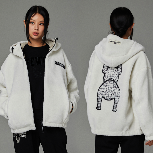 韓國 Lifework Unisex 法鬥犬 狗圖案 有帽抓絨雙面外套|白色 ★ 淺啡色|2024 秋冬季