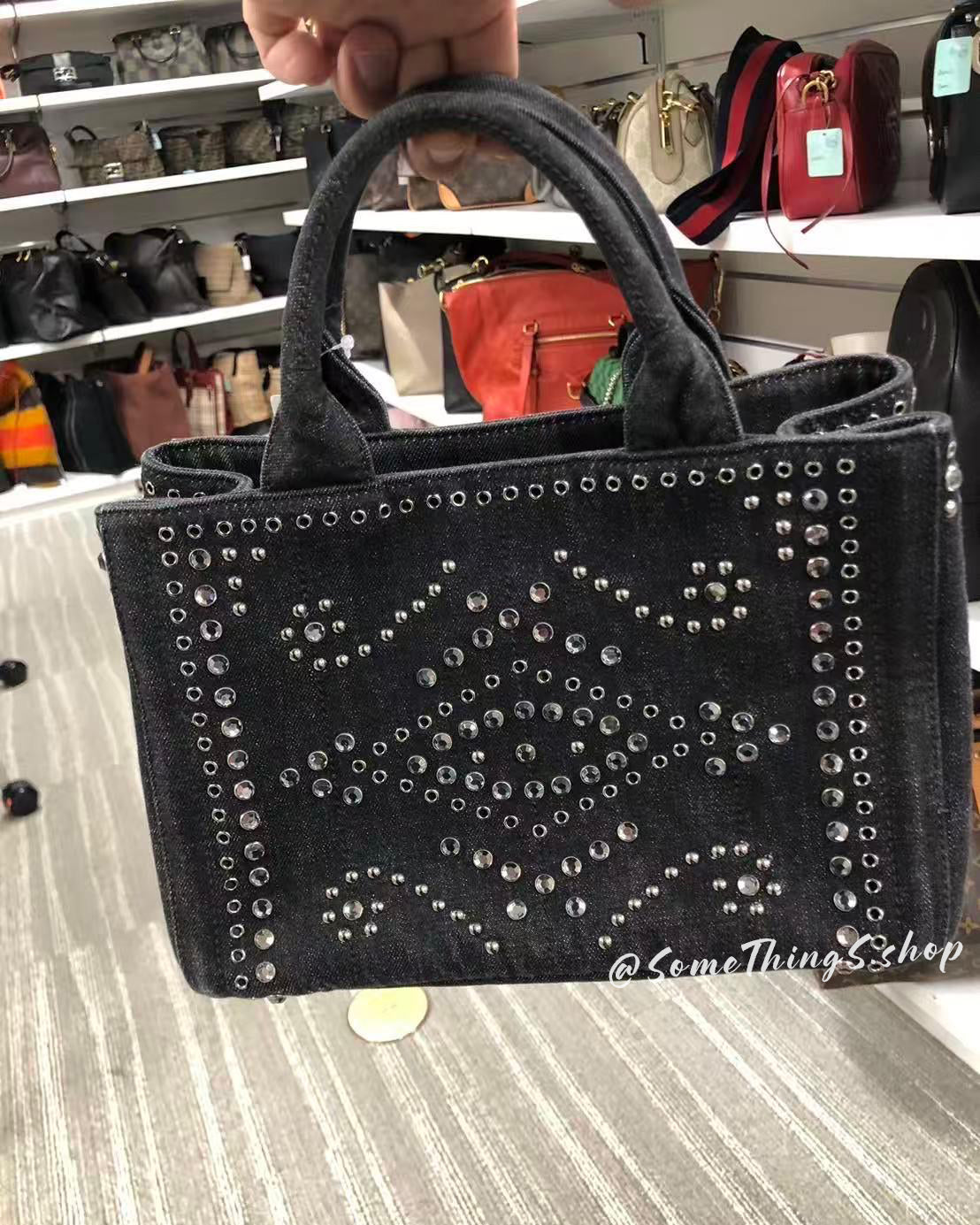 【日本🇯🇵 中古二手】Prada Canapa Rhinestone Eyelet tote bag|正版正貨