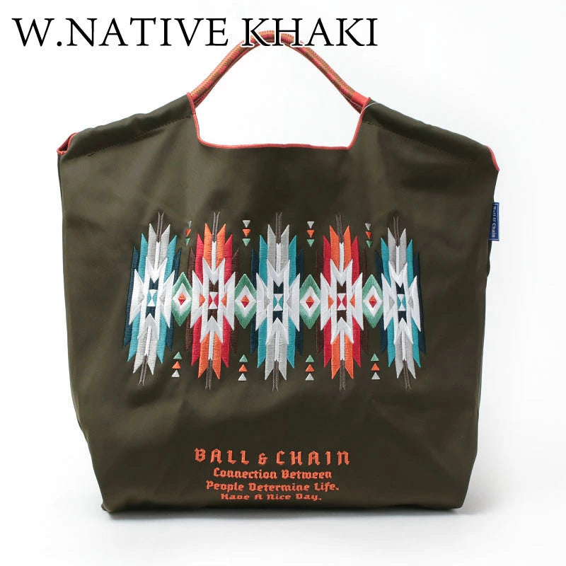 Ball & Chain|Neoprene collection diving fabric series|Japanese embroidery waterproof folding eco-friendly bag shopping bag handbag shoulder bag|W.Native Khaki
