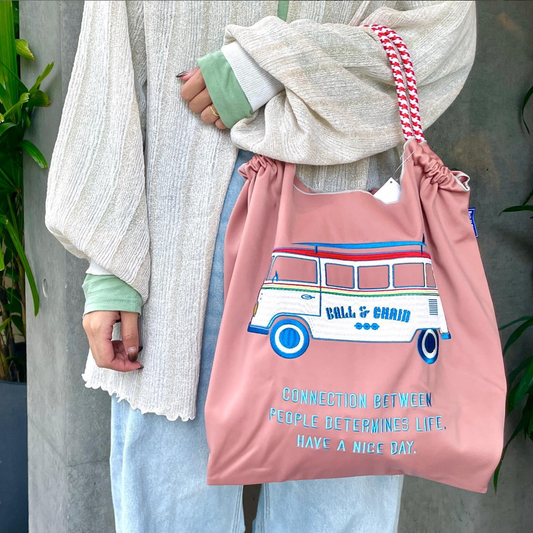 Ball &amp; Chain｜Neoprene collection diving fabric series｜Japanese embroidered waterproof folding eco-friendly bag shopping bag handbag shoulder bag｜W.Bus Pink pink bus