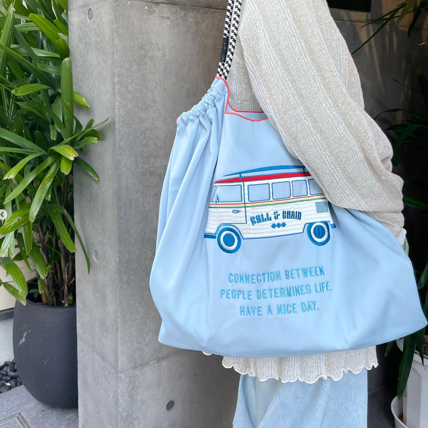 Ball &amp; Chain｜Neoprene collection diving fabric series｜Japanese embroidered waterproof folding eco-friendly bag shopping bag handbag shoulder bag｜W.Bus Blue powder blue bus