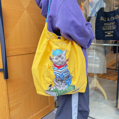 Ball &amp; Chain｜D[di:] collection｜Japanese embroidered waterproof folding eco-friendly bag shopping bag handbag shoulder bag｜D.「Painterのねこ」Yellow