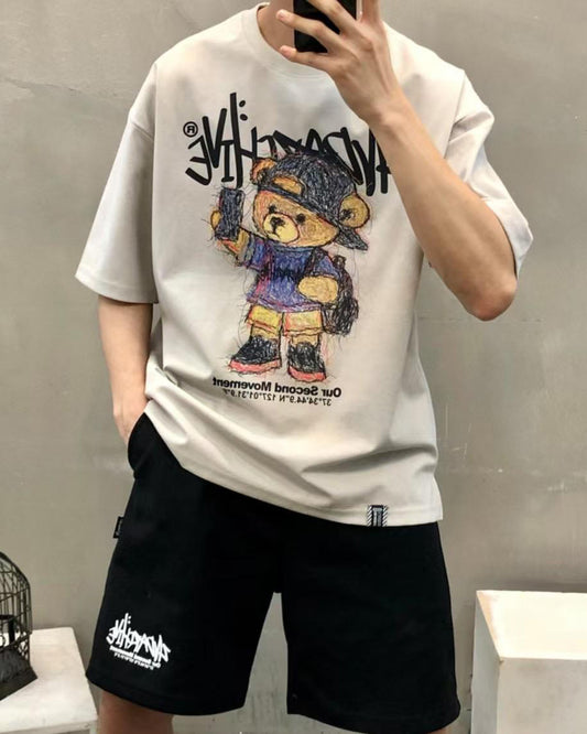 韓國 2nd Archive Unisex Selfie Drawing Bear Short Sleeve Tee Oversized T-shirt