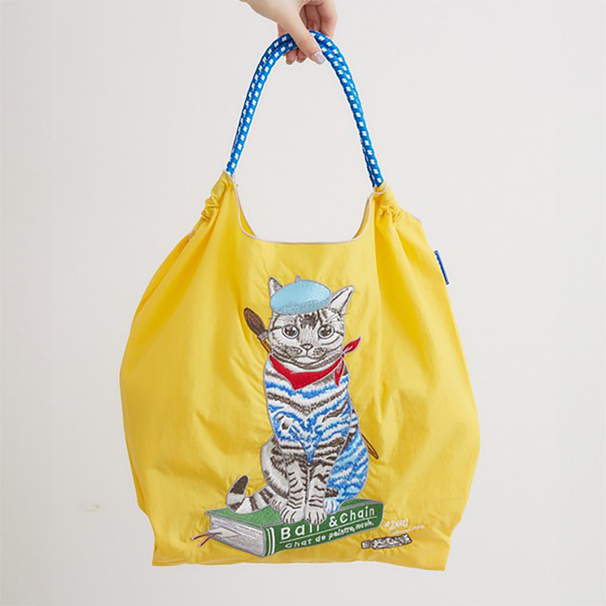 Ball &amp; Chain｜D[di:] collection｜Japanese embroidered waterproof folding eco-friendly bag shopping bag handbag shoulder bag｜D.「Painterのねこ」Yellow