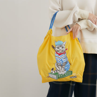 Ball &amp; Chain｜D[di:] collection｜Japanese embroidered waterproof folding eco-friendly bag shopping bag handbag shoulder bag｜D.「Painterのねこ」Yellow