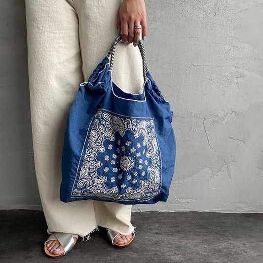 Ball &amp; Chain｜Original collection｜A4 2way bag Japanese embroidery waterproof folding eco-friendly bag shopping bag handbag shoulder bag｜Bandana Navy