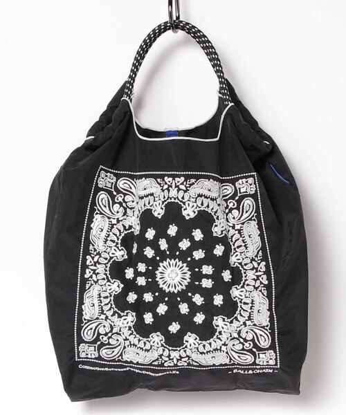 Ball &amp; Chain｜Original collection｜A4 2way bag Japanese embroidery waterproof folding eco-friendly bag shopping bag handbag shoulder bag｜Bandana Black