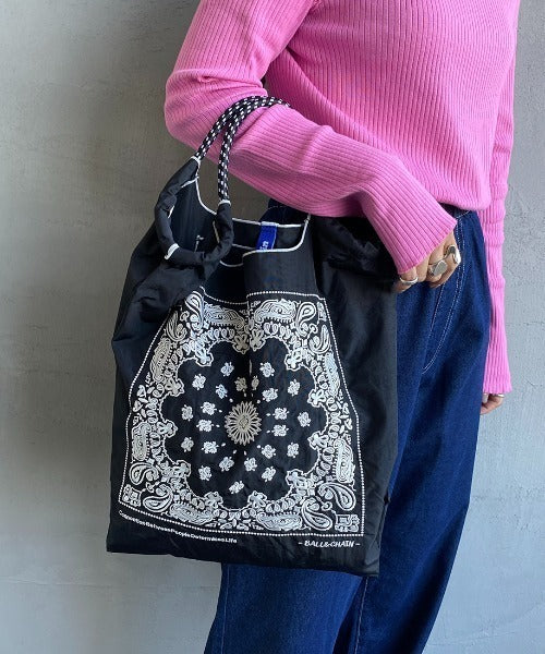 Ball &amp; Chain｜Original collection｜A4 2way bag Japanese embroidery waterproof folding eco-friendly bag shopping bag handbag shoulder bag｜Bandana Black