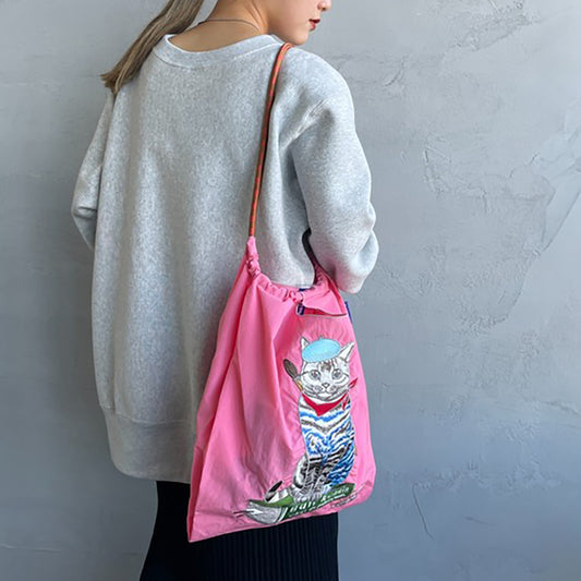 Ball &amp; Chain｜D[di:] collection｜Japanese embroidered waterproof folding eco-friendly bag shopping bag handbag shoulder bag｜D. "Painter のねこ" Pink