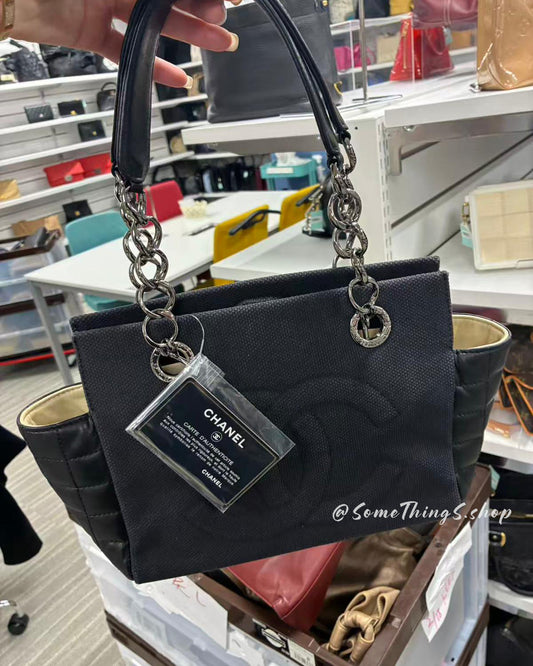 【日本🇯🇵 中古二手】Chanel CC Logo  (Chocolate Bar) Coco Mark Chain 帆布拼接羊皮 shoulder bag｜正版正貨