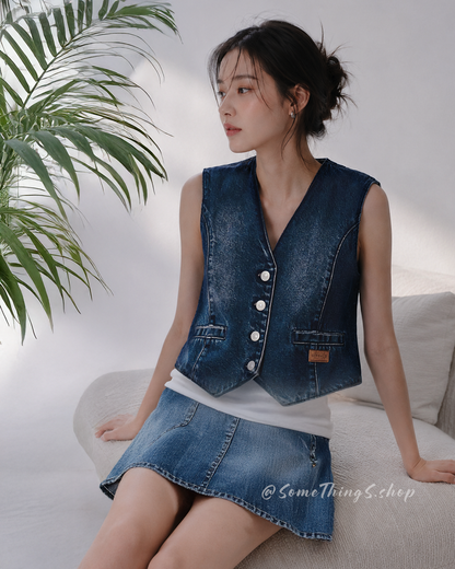 韓國🇰🇷 Marithe François Girbaud W V-neck button Denim Vest (100% 純棉) ‼️Sale‼️
