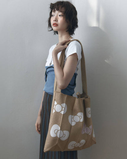 韓國 Joseph & Stacey X HELLO KITTY｜Lucky Pleats Knit Cross big Hello Kitty Ribbon tote bag｜Rich Black ♥ Platinum ♥ Gold