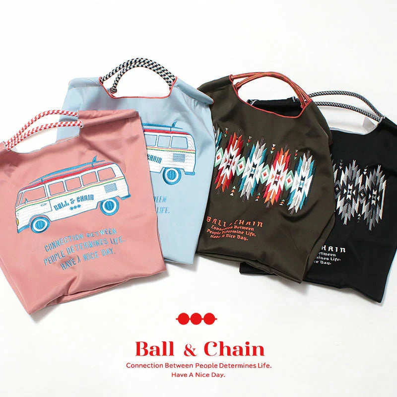 Ball &amp; Chain｜Neoprene collection diving fabric series｜Japanese embroidery waterproof folding eco-friendly bag shopping bag handbag shoulder bag｜W.Native Black