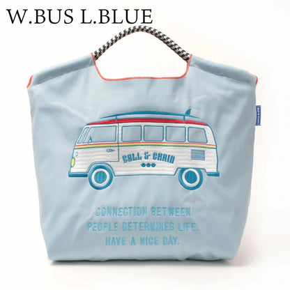 Ball &amp; Chain｜Neoprene collection diving fabric series｜Japanese embroidered waterproof folding eco-friendly bag shopping bag handbag shoulder bag｜W.Bus Blue powder blue bus