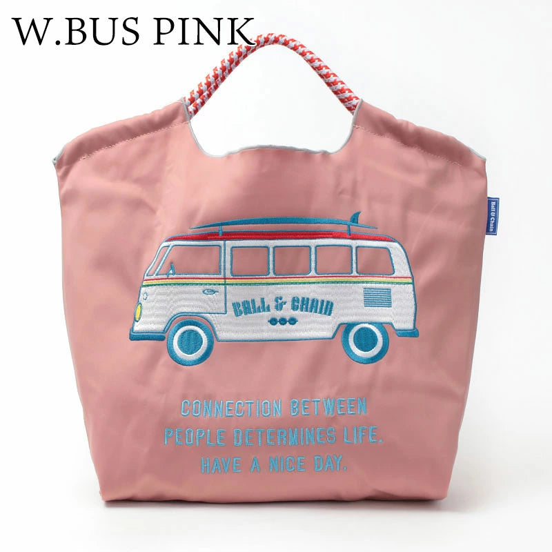 Ball &amp; Chain｜Neoprene collection diving fabric series｜Japanese embroidered waterproof folding eco-friendly bag shopping bag handbag shoulder bag｜W.Bus Pink pink bus