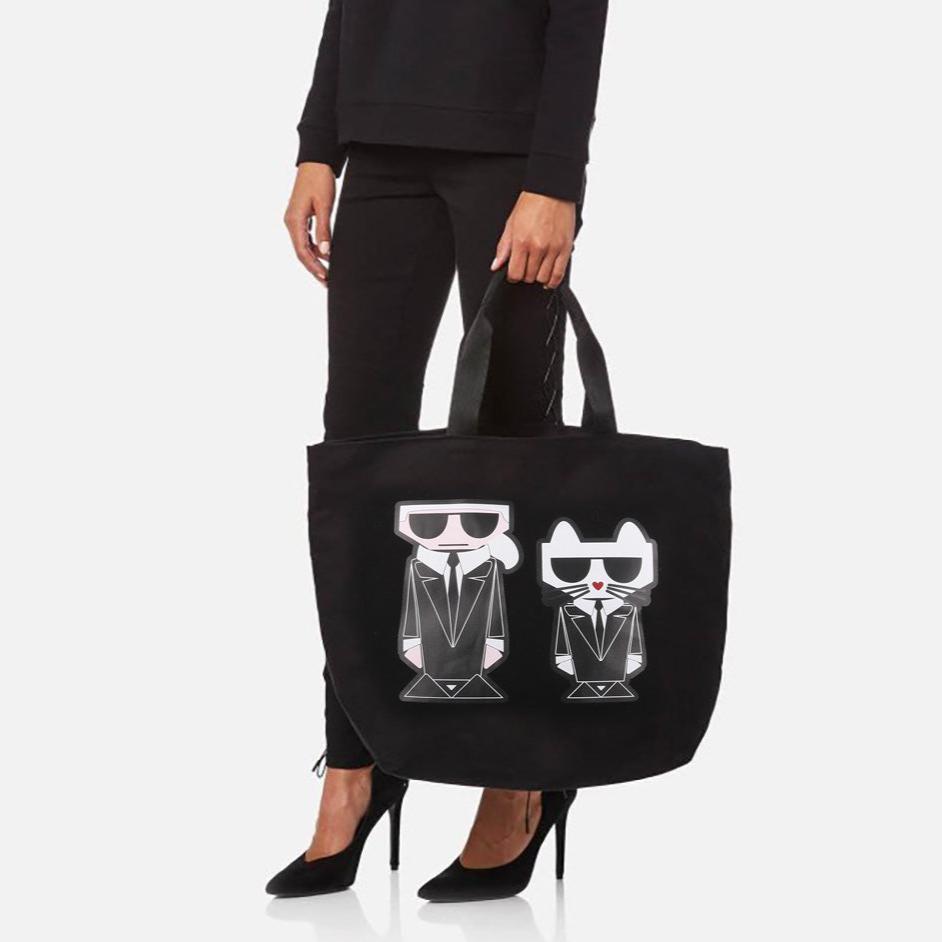 Karl Lagerfeld 老佛爺和愛貓 Black canvas tote bag (Large size)