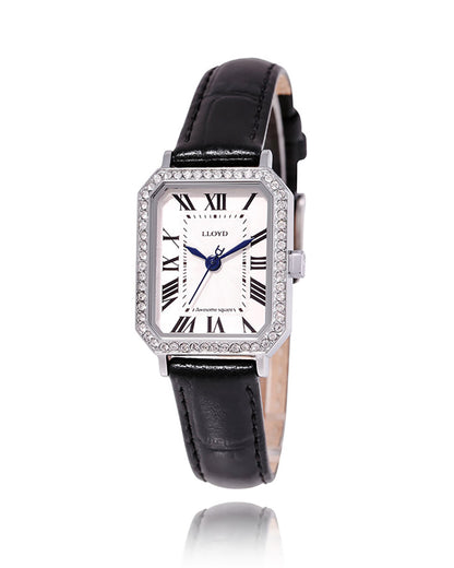 韓國🇰🇷 本地飾品手錶品牌 LLOYD Awesome Square Cubic Black Leather Watch 鑲鑽方型皮革手錶