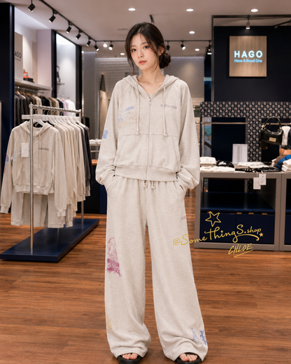 韓國 🇰🇷 Matin Kim Sketch Graffiti Waffle Hoody Zip Up & Pants Set 休閑 連帽運動 套裝