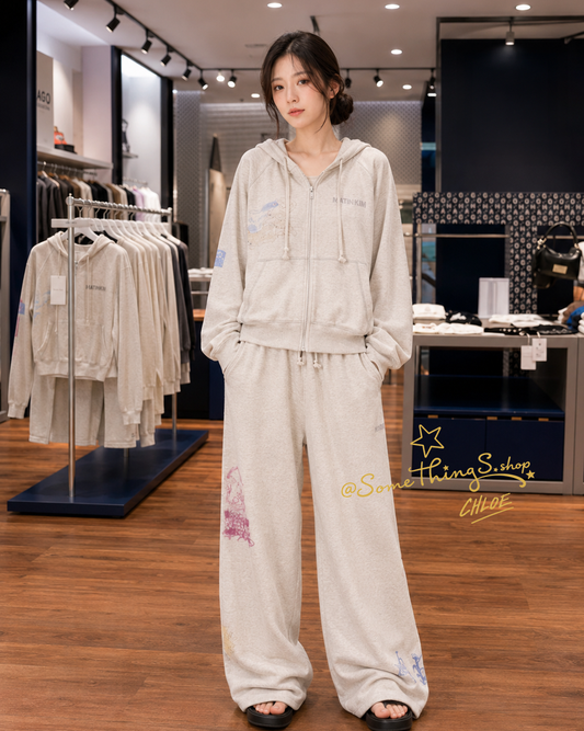 韓國 🇰🇷 Matin Kim Sketch Graffiti Waffle Hoody Zip Up & Pants Set 休閑 連帽運動 套裝