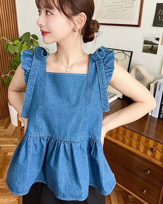 🇯🇵 日本入荷｜moment+ 蝴蝶結 荷葉邊 100% Cotton 薄牛仔布 Tee