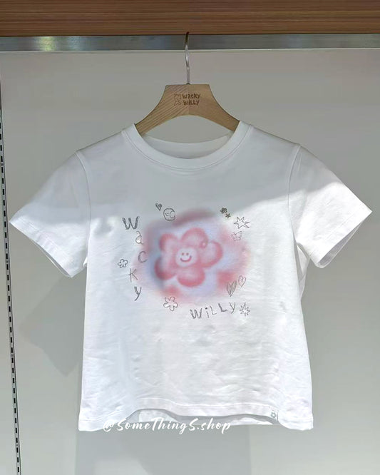 韓國🇰🇷 Wacky Willy 暈染水小花 100%純棉 短版短袖女裝 tee