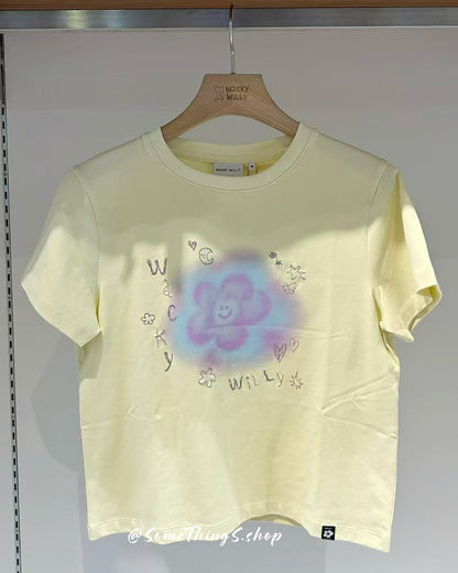 韓國🇰🇷 Wacky Willy 暈染水小花 100%純棉 短版短袖女裝 tee