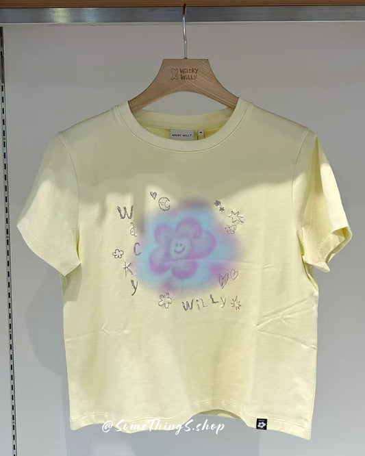 韓國🇰🇷 Wacky Willy 暈染水小花 100%純棉 短版短袖女裝 tee
