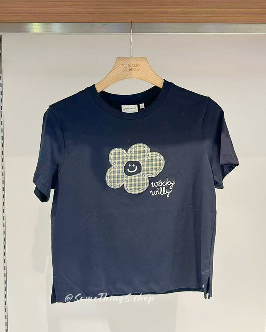 韓國🇰🇷 Wacky Willy 格紋小花 100%純棉 短版短袖女裝 tee