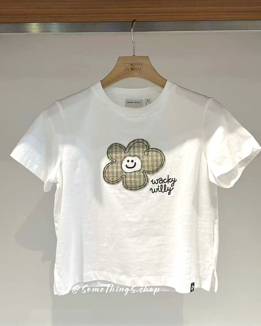 韓國🇰🇷 Wacky Willy 格紋小花 100%純棉 短版短袖女裝 tee